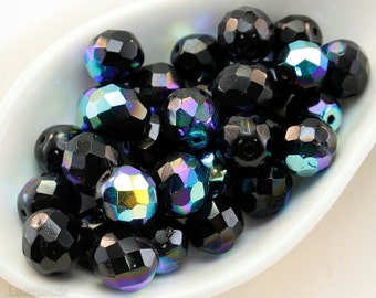 10mm Craft Supplies Glass Beads, Black Czech Fire Polished Faceted (12)
