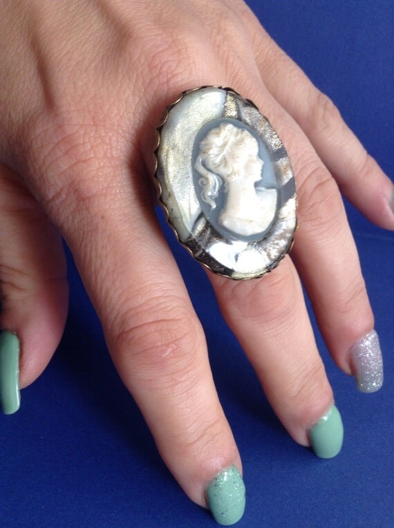 Large Cameo Ring Antique Brass color by GirlyStuffByDeJaVu on Etsy