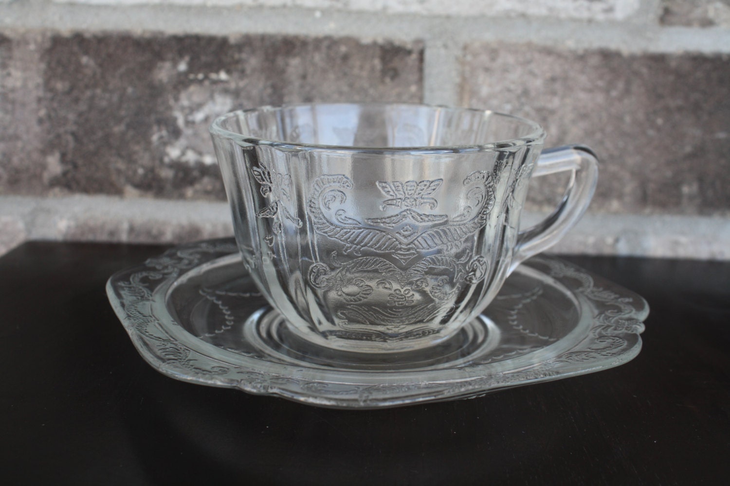 Clear Glass Vintage Tea Cup and Saucer Set by VintagelyConstructed