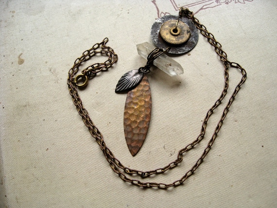 Steampunk Assemblage Necklace: Watch Gears, Rough Quartz Crystal, Brass Leaf Charms and Chain, Found Object Jewelry, Vintage Rustic Parts by Grioza steampunk buy now online