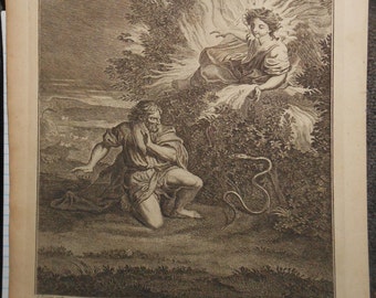 Antique copper plate engraving ca.1775 moses and the flame of fire