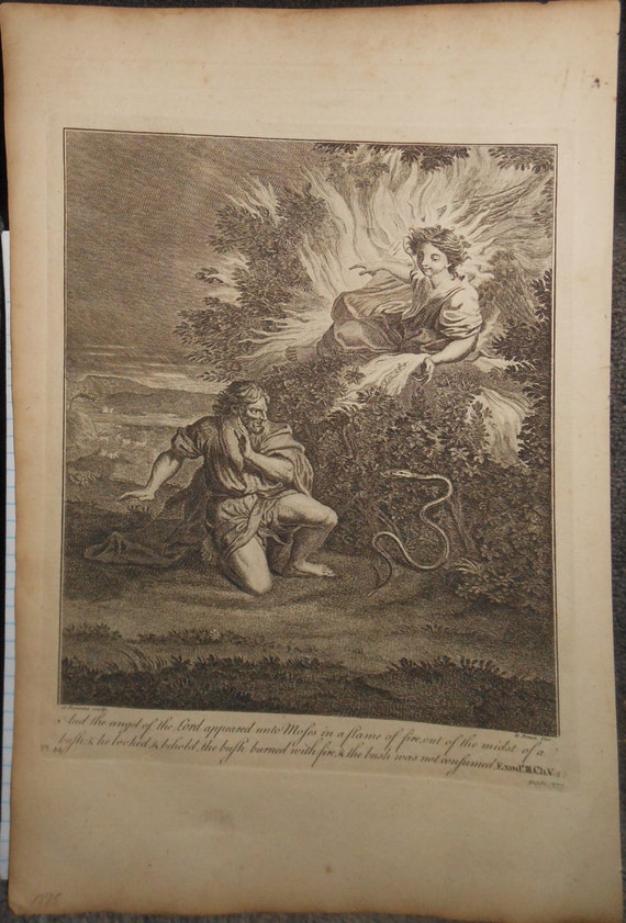 Antique copper plate engraving ca.1775 moses and the flame of