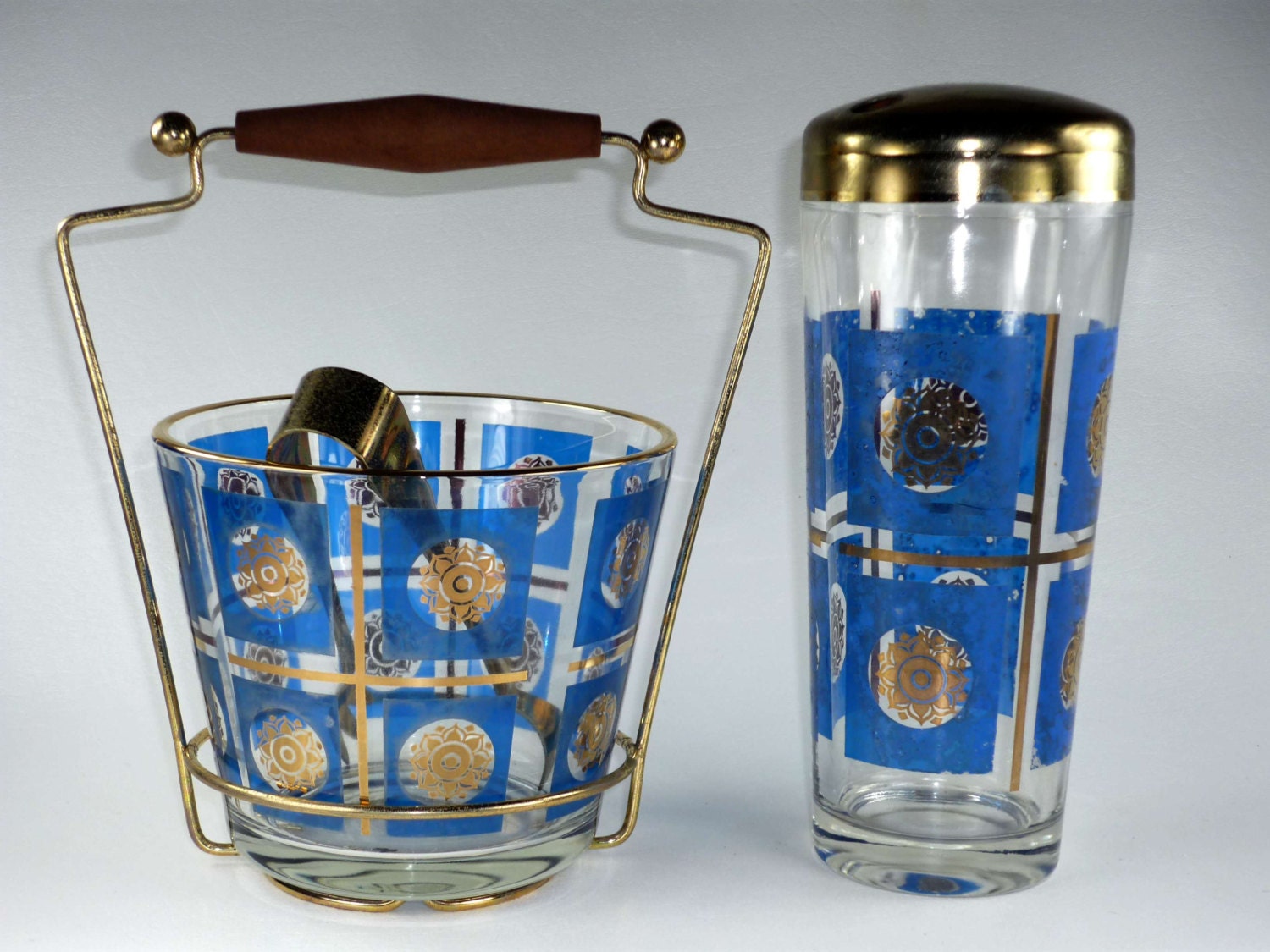 Mid Century Glass Ice Bucket and Drink Shaker Bar Set Blue and