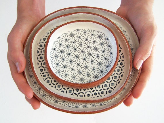 Three Tapas Plates - Ceramic Plate Set- Geometric Plates - Pottery Plates