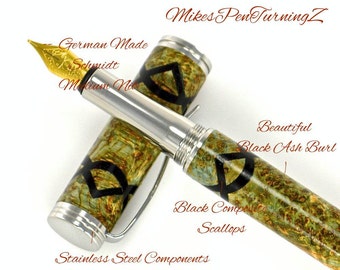 Custom Wooden Pen Fountain Pen Beautiful Dyed Blue Black Ash Burl with Black Scallops Made in USA Stainless Steel Hardware 709FPSSB