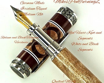 Custom Wooden Pen Fountain Beautiful Quilted Maple RedHeart Segments and Knot White and Black Segments Rhodium and Black Titanium 713FPXLB