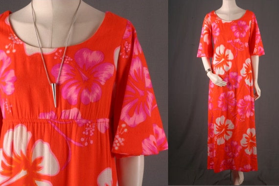 Floral dress Hawaii Hawaiin pink orange flower power maxi