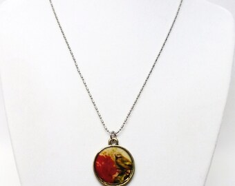 Antique Silver Encased Epoxy Charm w/Bird & Flower Pendant Necklace