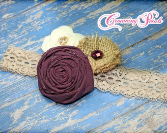 Plum, Burlap Ivory Headband, Eggplant Hair Accessory, Dark Purple, Tan Flower Hair Piece, Rustic Hair Clip Fabric Flower Brooch, Hair Bow