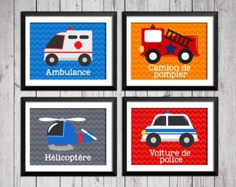 Décoration chambre enfant, décor chambre bébé, décoration camion de pompier, ambulance, voiture de police, hélicoptère, décor chambre garçon