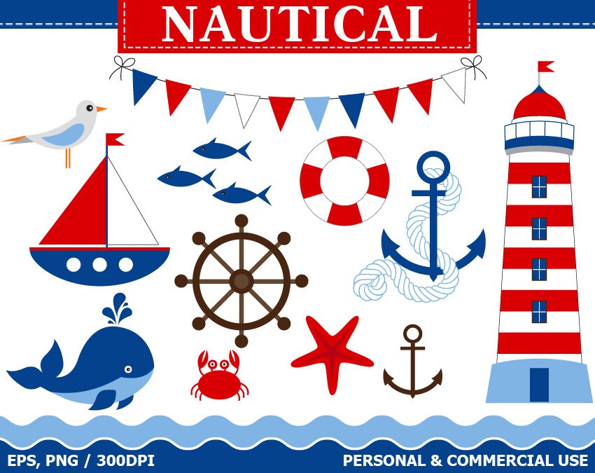 Digital Nautical Clip Art Boat Lighthouse Whale Anchor