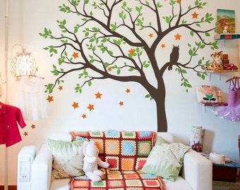 Baby Nursery Tree Wall Decal Wall Sticker - Owl Tree Wall Decal - Owl, Stars and Tree Decals - Large: approx 71" x 59" - KC054