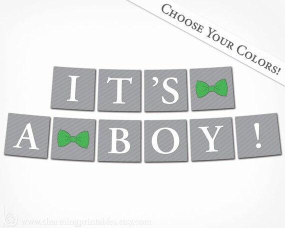 Bow Tie Baby Shower Banner - PRINTABLE DIY Digital File - Green Gray - It's a Boy Baby Shower Banner - Bow Tie Collection Il_570xn