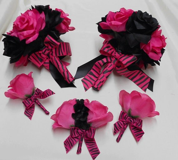 Wedding Silk Flower Bridal Bouquets Fuchsia Black Zebra Print