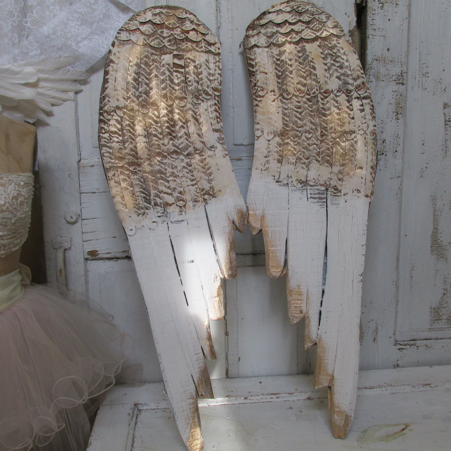 Large angel wings wall hanging custom white gold and rusty