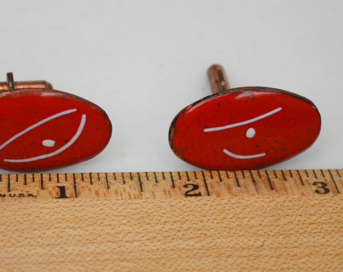 Red enamel Copper Cuff links - mid century modernistic - white red enamel swirl - oval cuff links