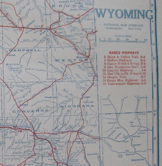 Antique Wyoming Map 1920s Auto Trails Vintage By Plaindealing