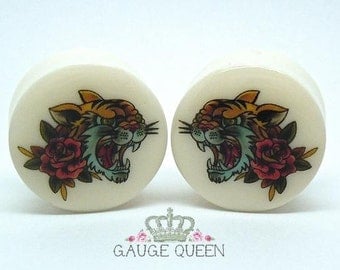 Tattoo Plugs / Gauges. 'GRRR' Tiger. 2g / 6.5mm, 0g /8mm, 00g /10mm, 1/2" /12.5mm, 9/16" /14mm, 5/8" /16mm, 3/4" /19mm, 7/8" /22mm, 1" /25mm