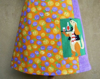 Cartoon Dog Serving a Drink vintage cotton embroidery, lilac corduroy, A-line skirt, orange yellow green, size Small