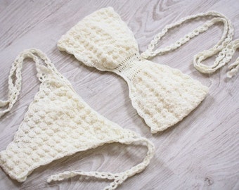 Bandeau bikini, Crochet Bikini, Crochet Bandeau Swimsuit, Sexy bikini, White crochet bikini, Bandeau bikini set, Honeymoon clothing,