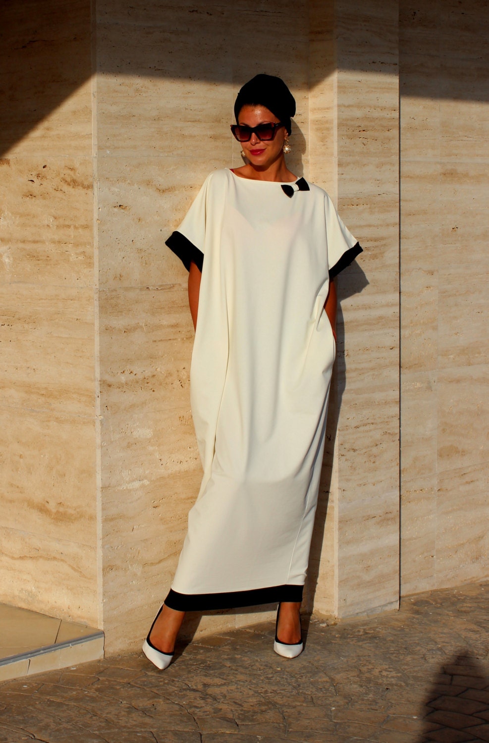 Black and OFF white Abaya Maxi dress Caftan by cherryblossomsdress