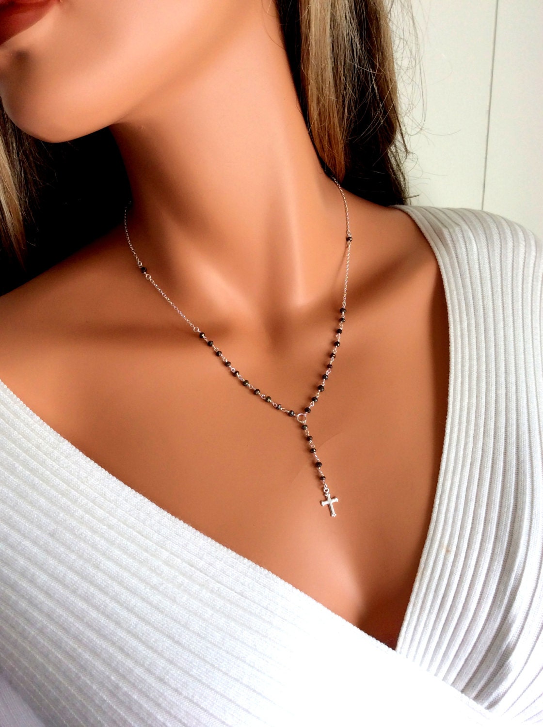 Sterling Silver Rosary Necklace Women Delicate Cross Pendant