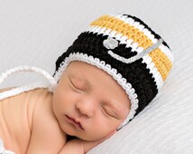 BABY HOCKEY HAT Helmet Hat Crocheted in Black &amp; Vegas Gold Team Colors Also Deep or - il_214x170.596851261_2u61