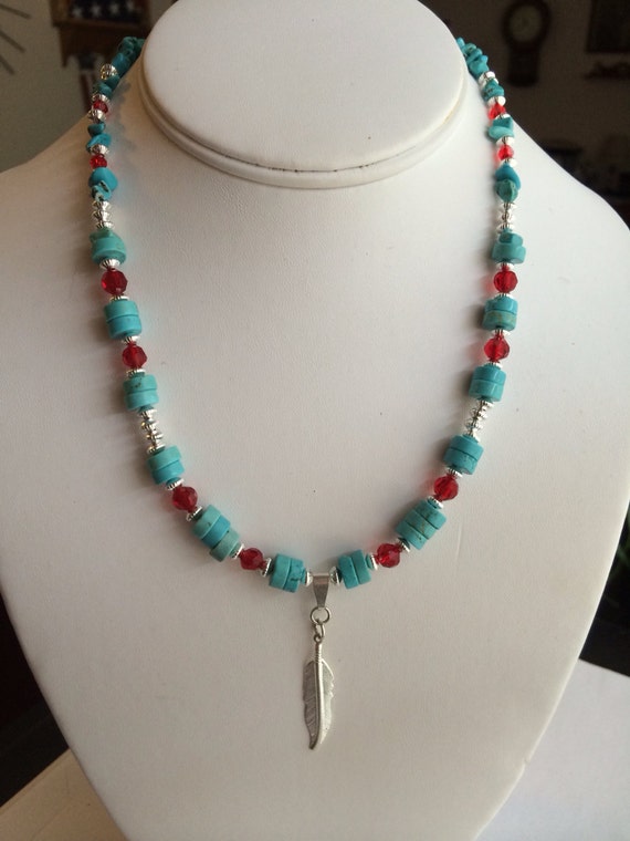 Turquoise Sterling Silver and Red Swarovski Necklace.