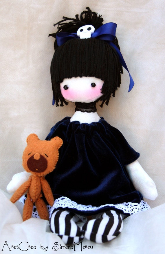 Matilda handmade gothic cloth doll with skull and her felt