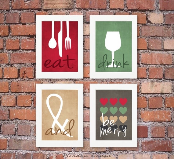 Modern Kitchen Art Prints - Eat Drink & Be Merry Set of (4) 4 x 6, 5 x ...