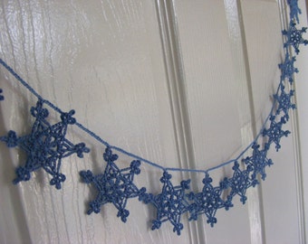 Crochet snowflake garland, Christmas home decor, blue snowflake, crochet snowflakes, free UK shipping
