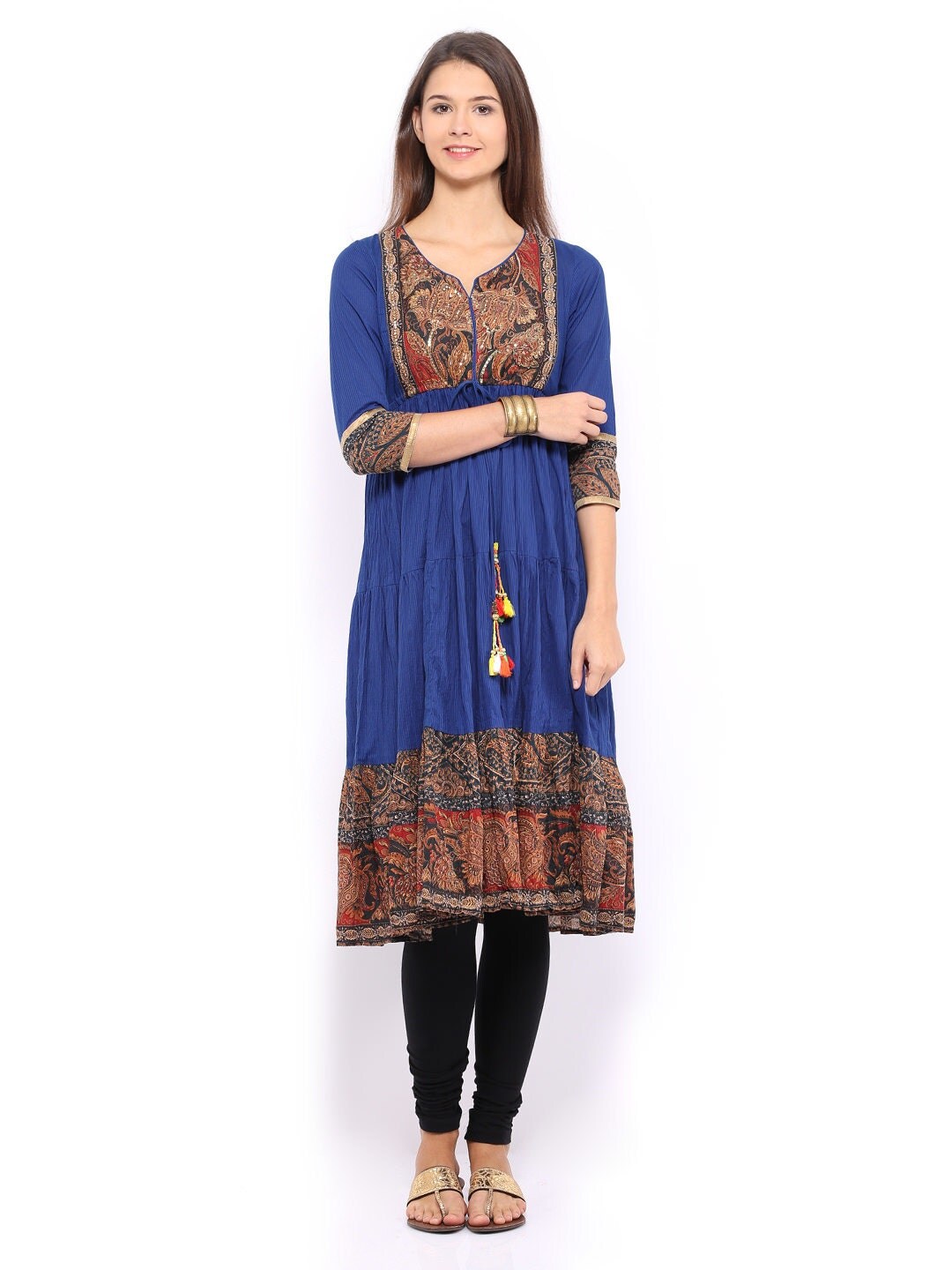Women Blue Printed 3/4 Sleeve Cotton Slub Anarkali Kurta With Embriodery Work At Neck