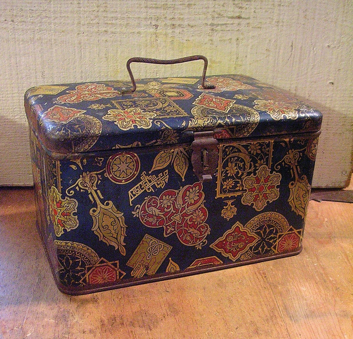 Beautiful Antique Belgian Tin Box Large with Latch and Handle Art Deco
