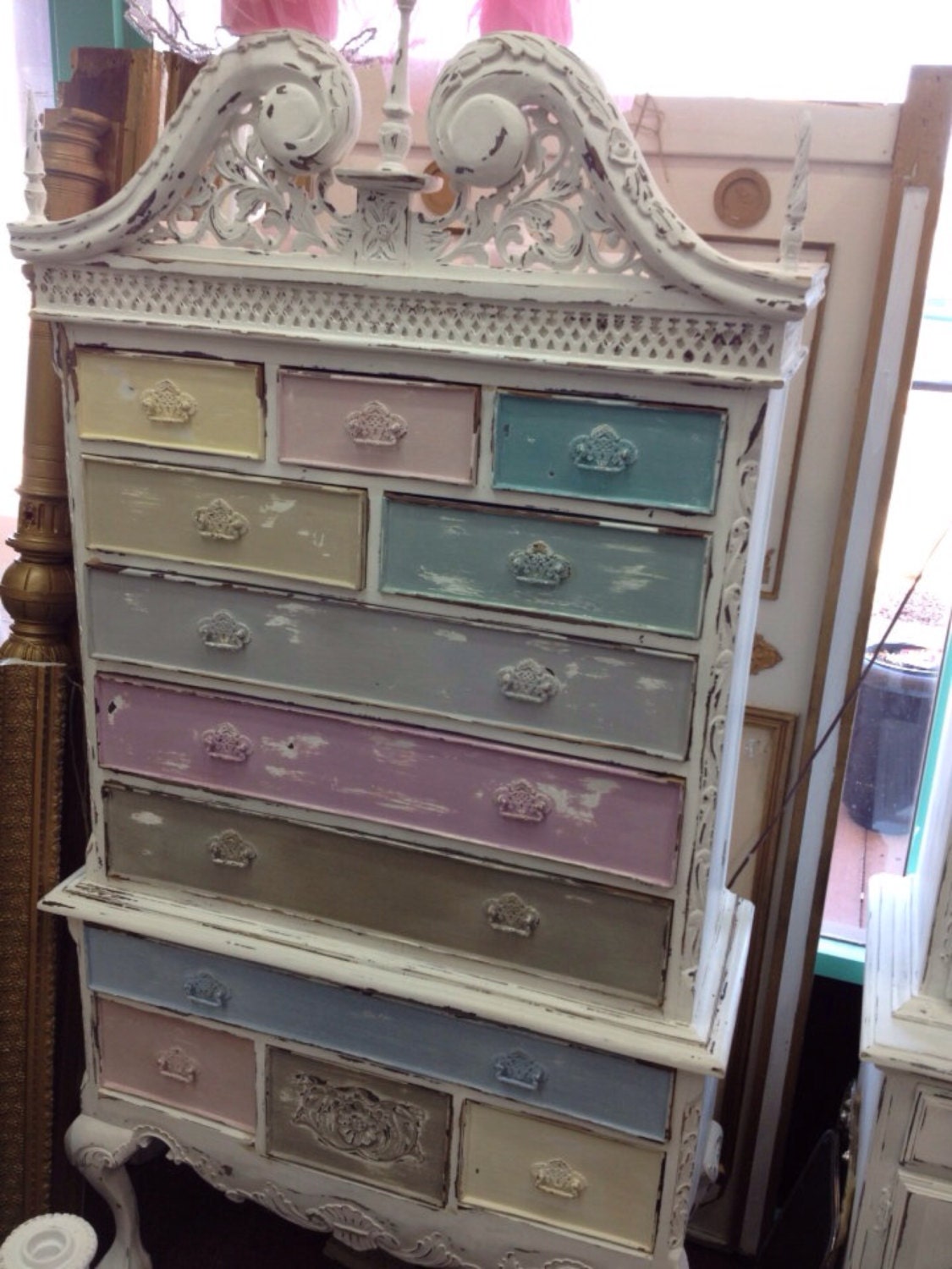 Vintage Inspired Shabby Chic Multi-Colored Queen Anne Cabinet