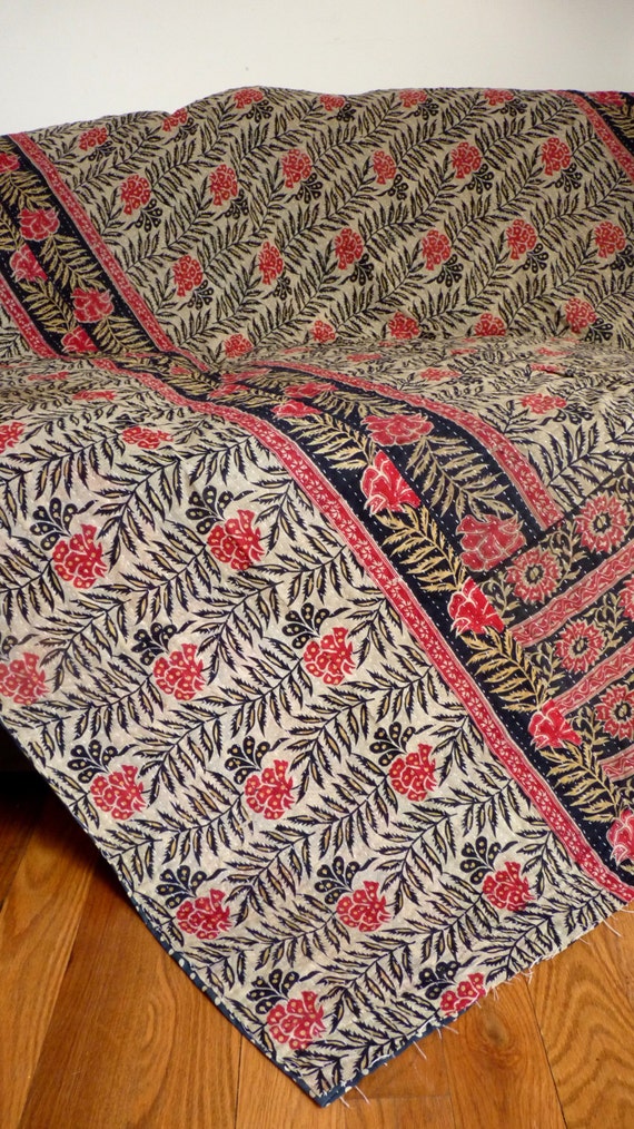 Black Kantha Throw Blanket // Kantha Quilt // Twin Quilt