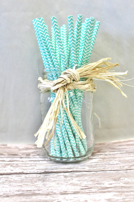 25 light green and white chevron striped paper straws by Hot2Own