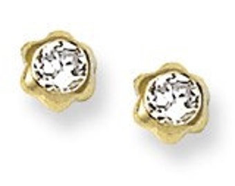 CZ Accent Floral Motif Stud Baby Ea rrings in 14K Yellow Gold ...