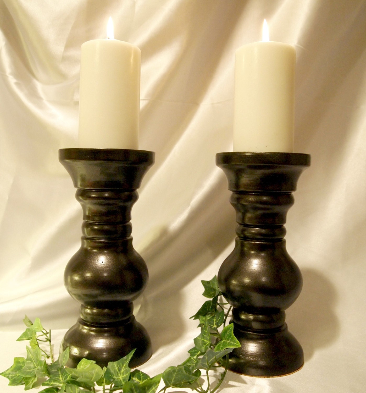 Glossy Black Chunky Pillar Candle Holders 10inch