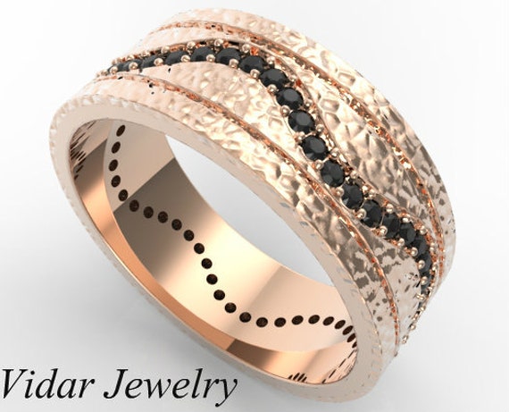 Men's Hammered Gold Black Diamond Wedding Band-Unique Diamond Ring ...