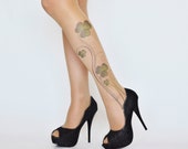 Shamrock St. Patrick's Patty Day Tattoo Tights,Green St. Patty's Day Print,Nude Handprinted  Womens Pantyhose, Printed Tights