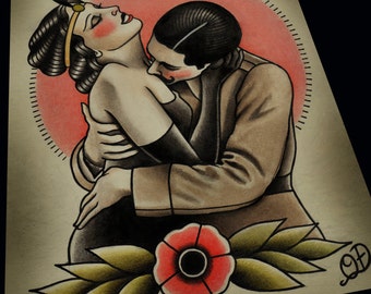 Vintage Embrace Traditional Tattoo Print
