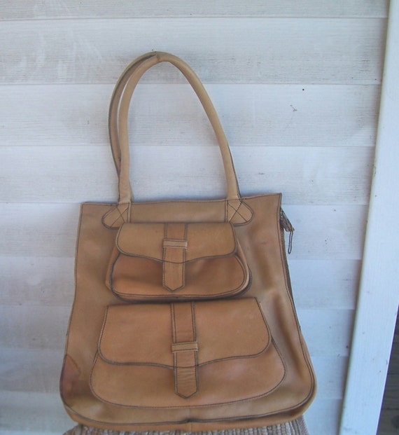 Items similar to Vintage Leather Large Saddlebag tote bag, two outside pockets with flaps, one ...