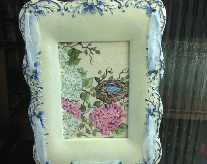 Bird's Nest in the Lilac Bush - 4 x 5 acrylic painting in a 6 x 8 Ceramic Frame with Ribbon Trim to Hang