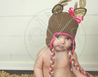 Adorable Girls Ear Flap Style Crochet Deer Hat with Tassels and Bow!