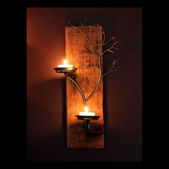 Right hand two candle metal tree sculpture wall sconce on