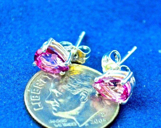 Pink Topaz Stud Earrings, 7x5mm Pear, Natural, Set in Sterling Silver E561