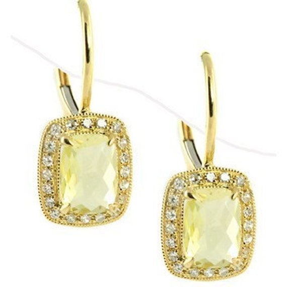 Lemon Quartz & Diamond Halo Dangle Drop Earrings 14k Yellow