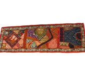 Boho Hippie Antique Table Runner Tapestry Throw Red Sari Patch