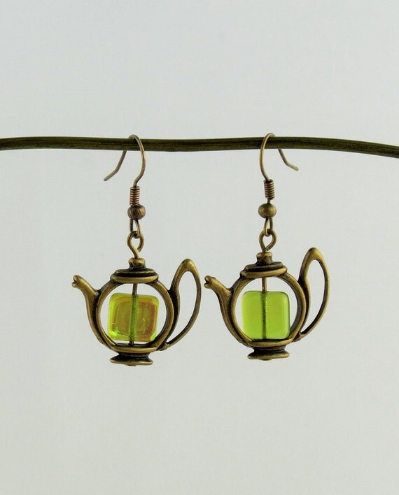 Teapot Earrings with Green Flat Square Beads by JandMCraftCorner