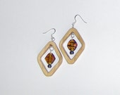 Handcraft Wood Earrings Diamond Hollowed Shape with Brown Striped Center Bead Dangles on Silver French Hooks